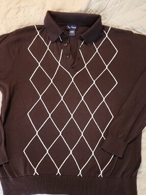 Paul Fredrick Brown Argyle Polo Sweater with White Diamond Pattern